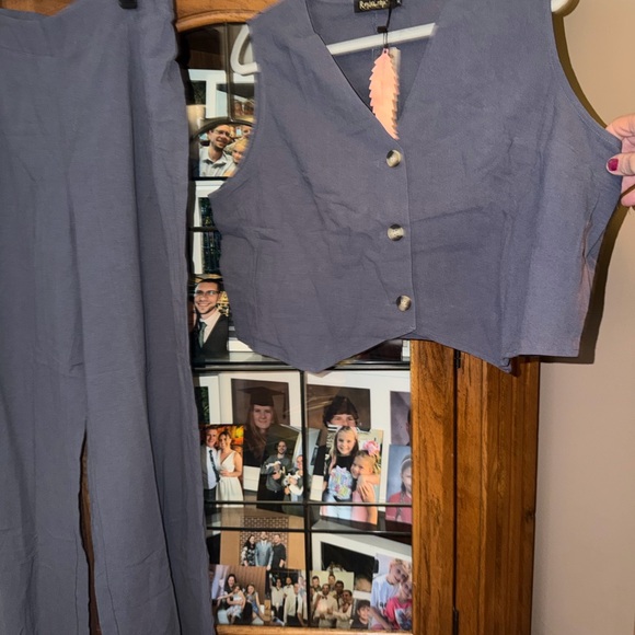 Essentials Slate Blue Two-Piece Pantsuit with Buttoned Vest - Picture 10 of 14